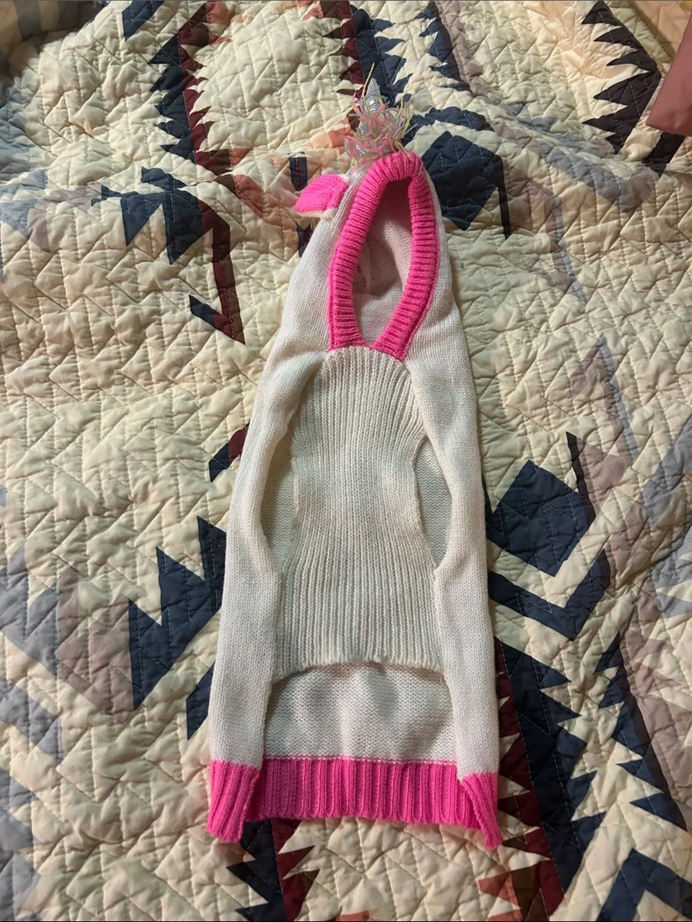 White Knit unicorn Dog Costume with Pink Trim and Star Accent